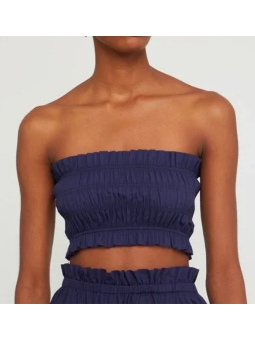 Kourt Ellery Navy Blue Smocked Strapless Bandeau Tube Top